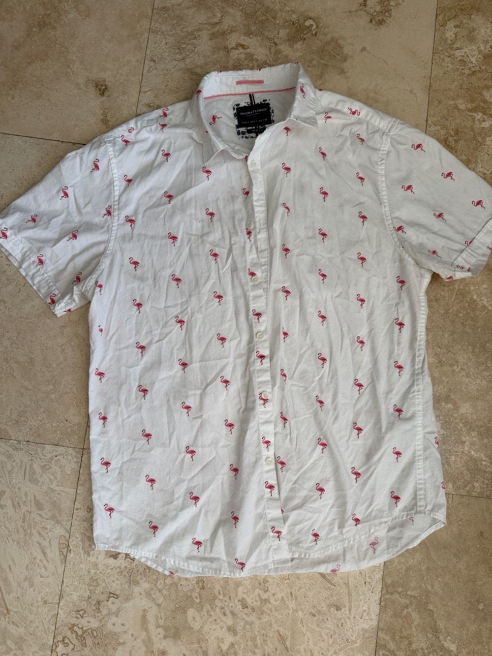 Denim & Flower White Short-Sleeve Button-Down Shirt with Pink Flamingo Print
